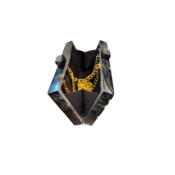 LULU NYC Black White Gold Star Design Small Box Shoulder Bag - Picture 10 of 13